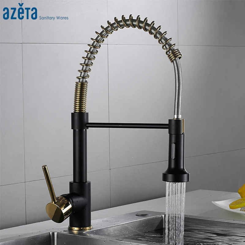 

Azeta Single Lever Pull Out Kitchen Faucet Black Gold Brass Kitchen Sink Taps 360 Rotation Sprayer Nozzle Kitchen Mixer AT9804BG