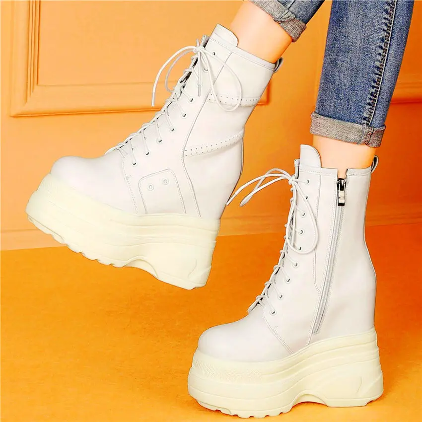 Huge High Heel Platform Ankle Boots Women Genuine Leather Round Toe Creepers Thick Sole Oxfords Party Pumps Punk Goth