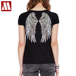 Camiseta con lentejuelas y alas de Ángel para mujer, Tops informales, camiseta de media manga con cuello redondo, camisetas holgadas y sexys con apliques, novedad de verano