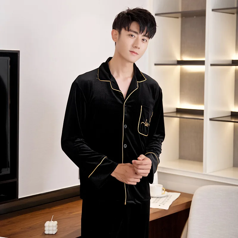 

Pajamas Men Large Size Home Wear Velour Nightwear Long Sleeve Velvet Sleepwear Autumn 2PCS Turn-down Collar Male Pijamas Sets