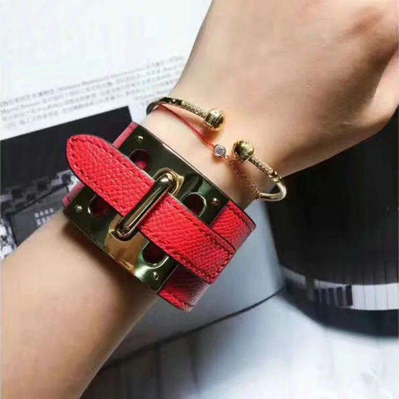 Brazalete de pulseras de acero inoxidable chapado en oro de cuero de vaca ancho de 10 colores de alta calidad para hombres y mujeres joyería de moda
