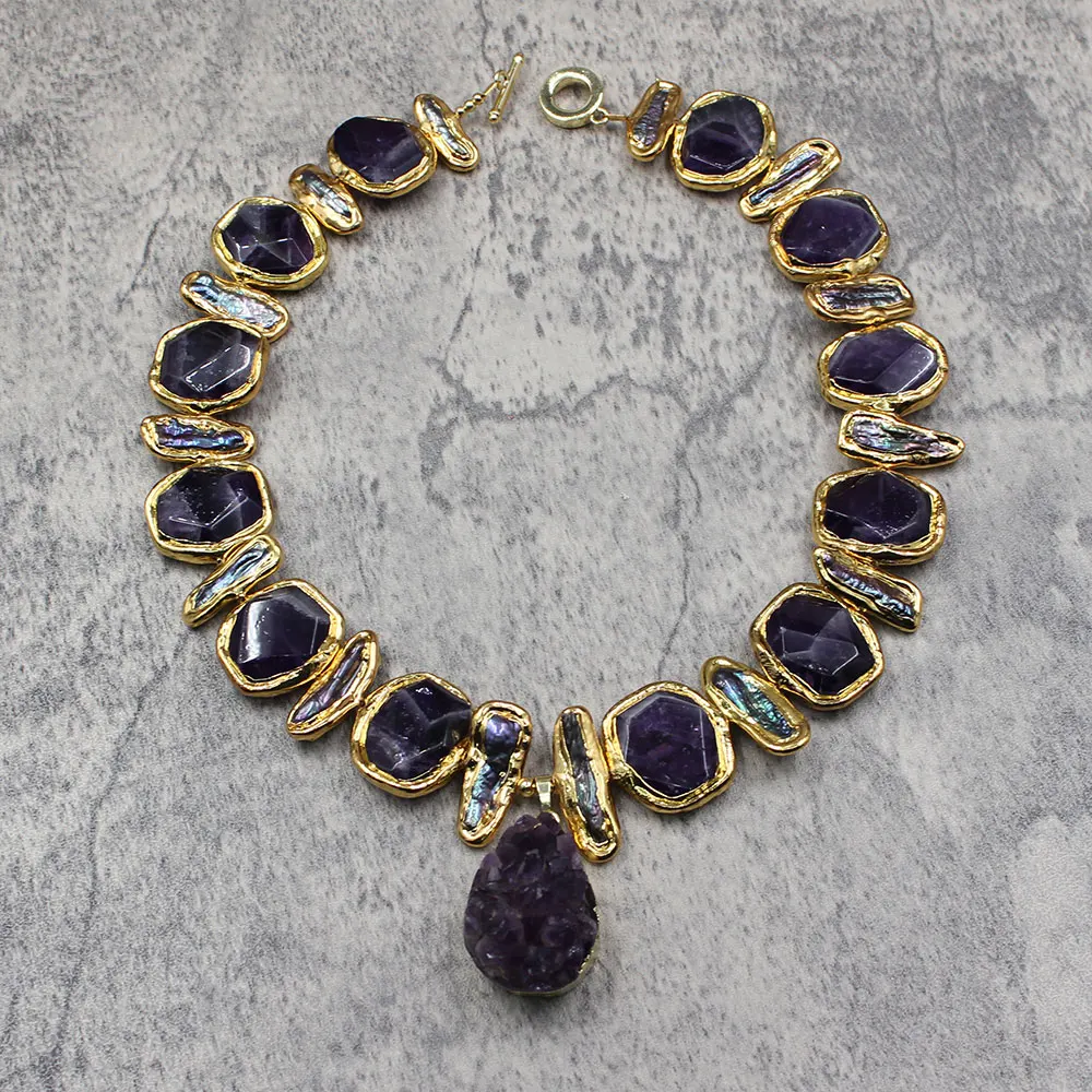 GG Natural Freshwater Black Biwa Pearl Purple Nugget Amethyst Edge Necklace Gold Color Plated Amethysts Pendant