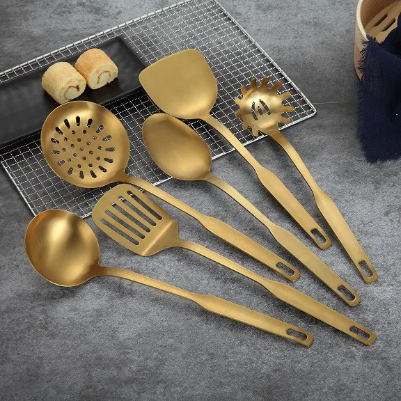 Stainless Steel Kitchenware Spatula  Frying shovel Cooking Tool Set  Gold Scoop Soup Ladle Skimmer Colander Kitchen Accessories