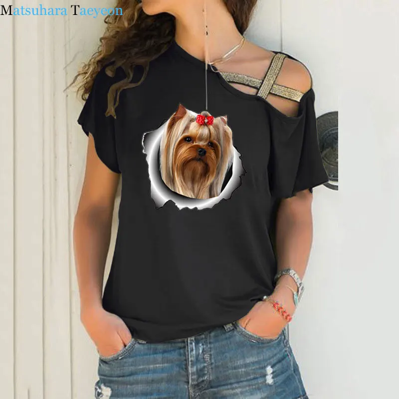 lovely Pet Dog Pink T Shirt Women Summer Fashion Print T-Shirt Casual Short Sleeve Irregular Skew Cross Bandage Top Tee Clothing