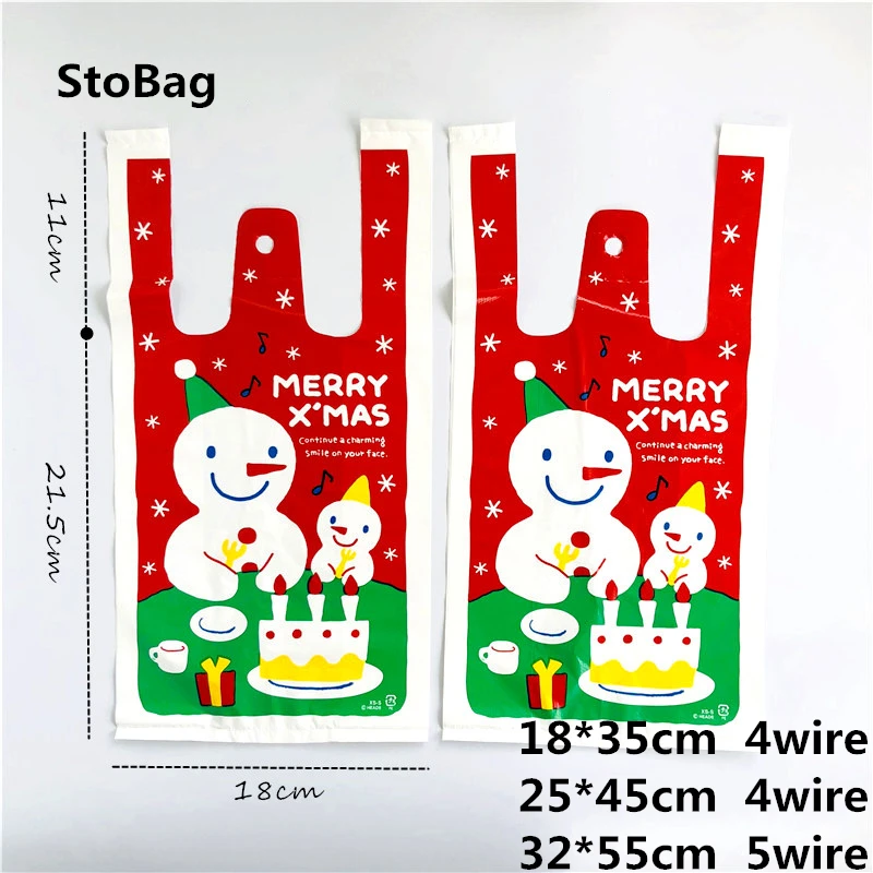 StoBag 50pcs Merry Christmas Snowman Plastic Shopping Bag Party DIY Handmade Snack With Handle Food Bags Reusable Grocery