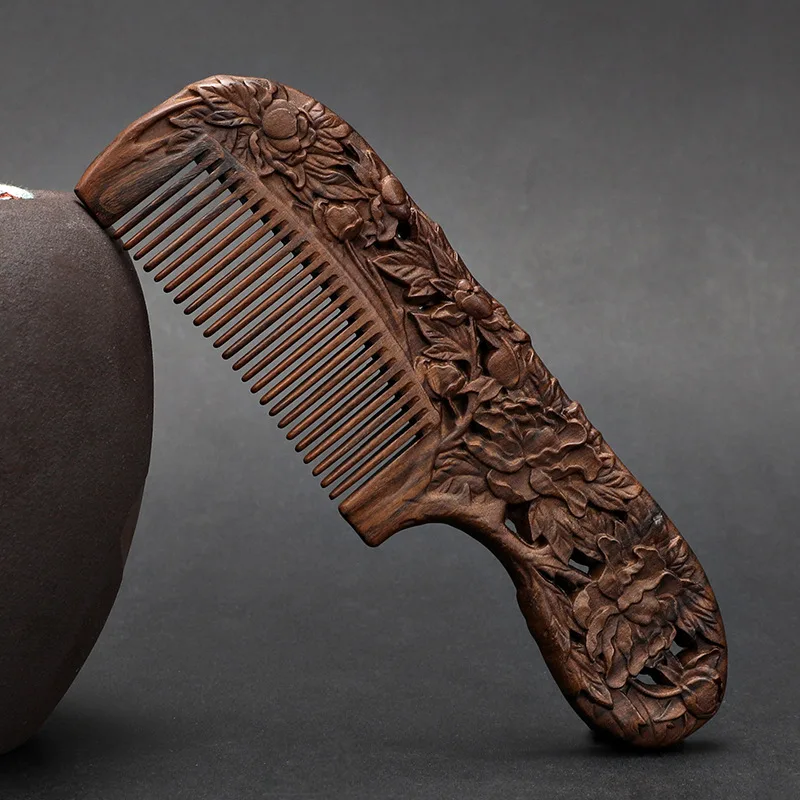 Classical Exquisite Embossed Double-sided Carved Wooden Comb with Ebony Handle, Fine-toothed Wood, Smooth Hair, Anti-static