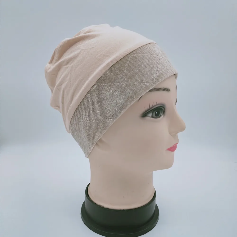 Beige color wig grip cap with velvet headband around for cancel patients comfortable and elastic