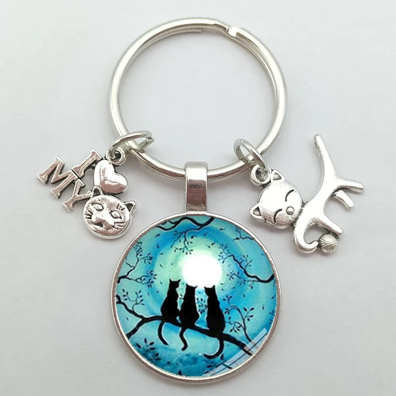 Cute Anime Cat Under Night Sky Keychain with Cat Pendent Fashion Animal Women Purse Bag Car Pendant Key Chain Ring Holder image 3