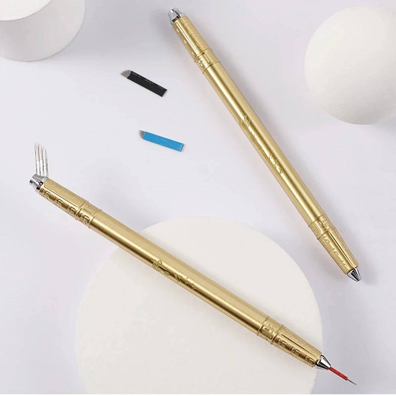 Microblading 1PC Buddha Gold Dual Head Handles Flat & Round Fog Needle Blade Tebori Pen Holder Eyebrow Embroidery Manual Pen