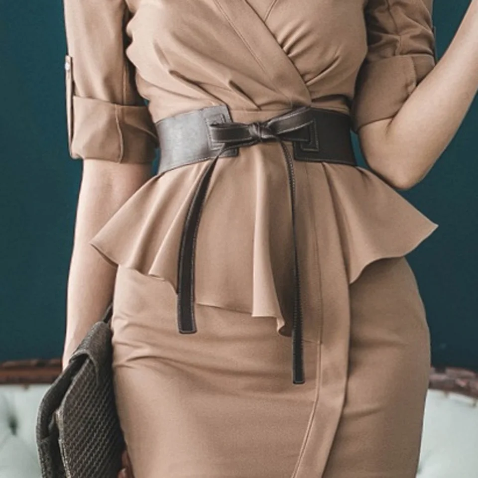 High Waist Tight Office Lady Dress Spring Plain V-Neck 3/4 Sleeves Adjustable Decorative Ruffles Send Belt Elegant Party Dress