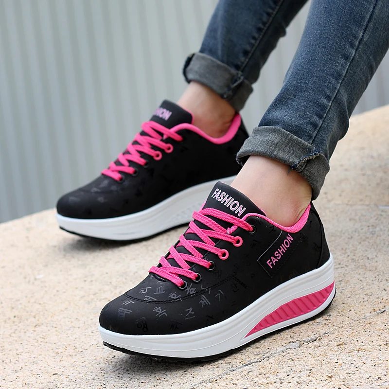 Sport Shoes Woman 2020 Fashion Solid Sneakers Women Running  Breathable PU Wedges Lace-up    Plus Size 42