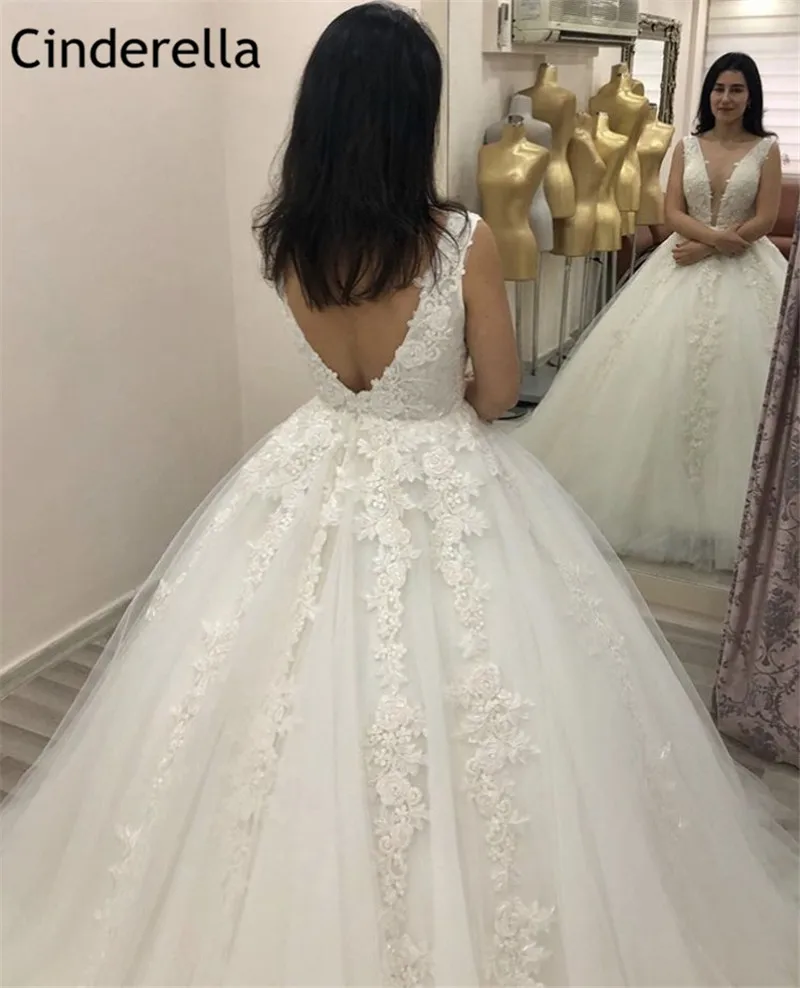 Vestido de noiva sem mangas com aplique nas costas, vestido de baile de princesa com apliques florais