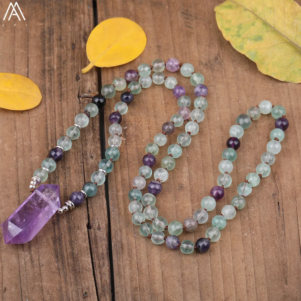 108 Mala Beads Natural Rainbow Fluorite Stone Yoga Necklace Amethysts Quartz Point Pendant Knotted Necklace For Women N0245AM