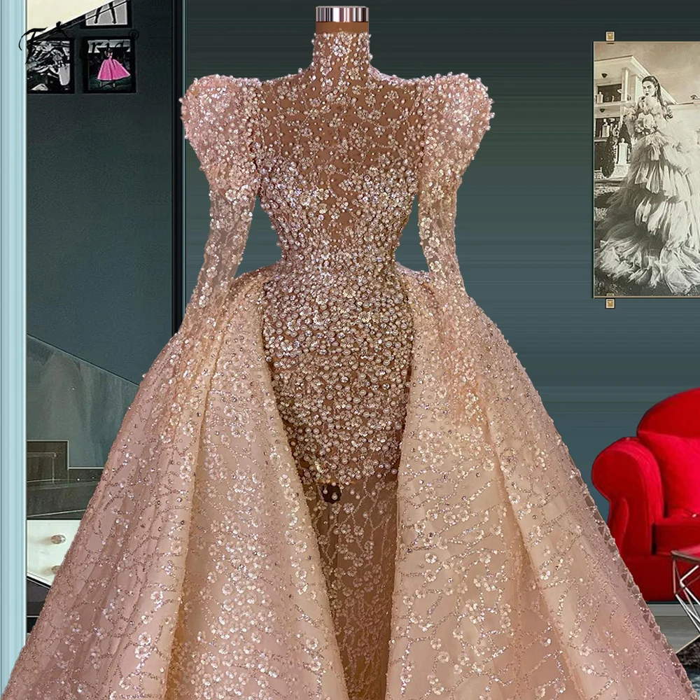 

Gorgeous Pearls Evening Dresses With Detachable Train Long Sleeves High Neck Formal Celebrity Dresses For Women Pageant Gowns