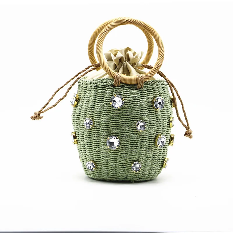 Summer Round Rattan Handmade diamond Pearl Bag Bohemian Leisure Straw Bag Bucket Knitting Shoulder Crossbody Beads Beach Bag