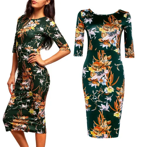 

Spring Ladies Dress O-Neck Floral Print High Waist Half Sleeves Autumn Split Casual Party Bodycon Green Slim Pencil Dresses