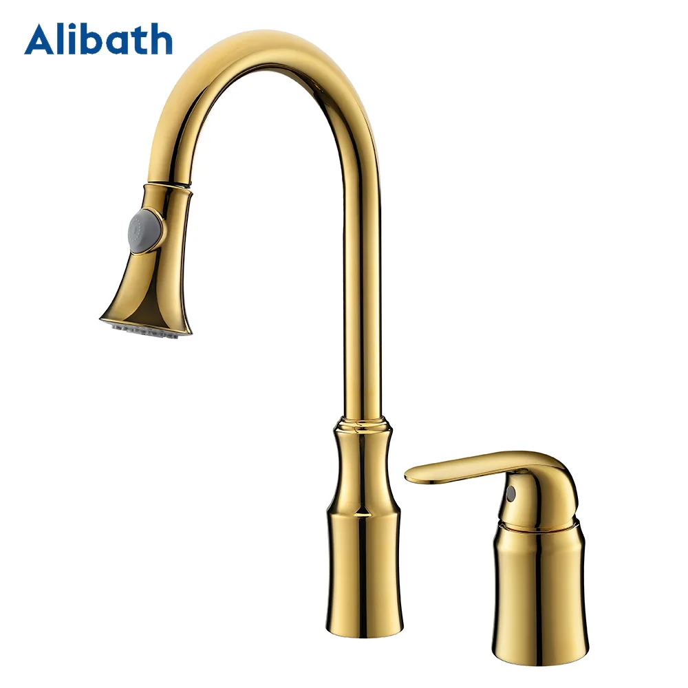 Kitchen Faucet Brass Gold Pull Out Kitchen Sink Water Tap Single Handle Mixer Tap 360 Rotation Kitchen Shower Faucet