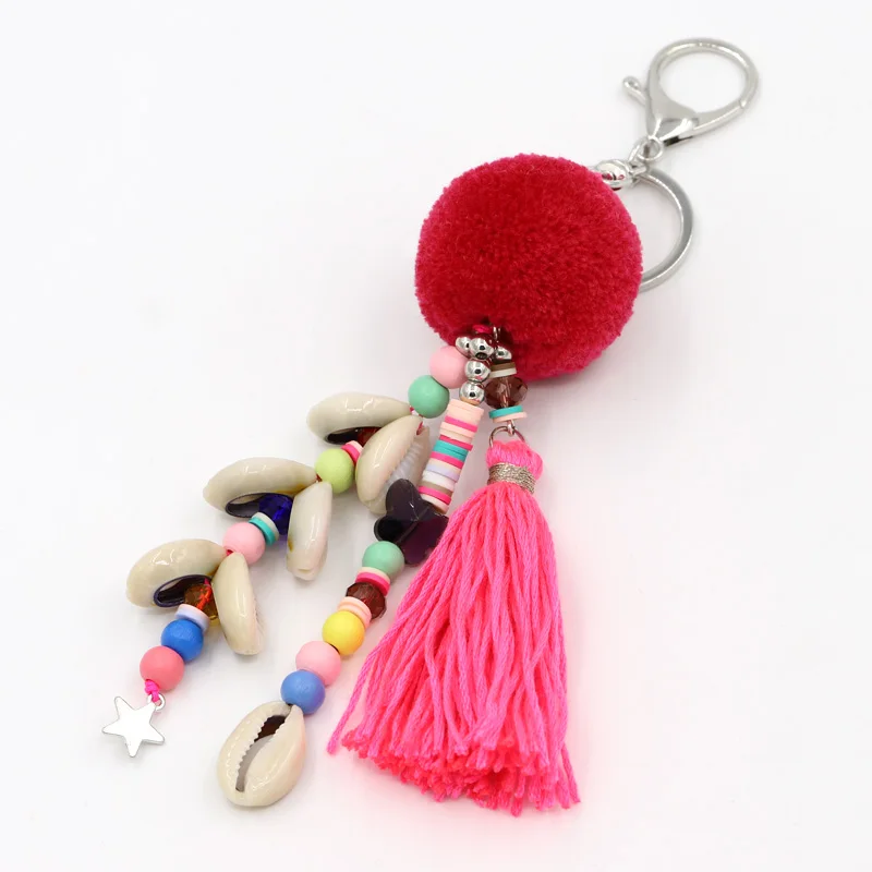 Mode Schmuck Keychain Frauen Tasche Dekoration Zubehör Böhmischen Auto Anhänger Shell Quaste Pompom Perlen Schlüssel ketten – Detail 3