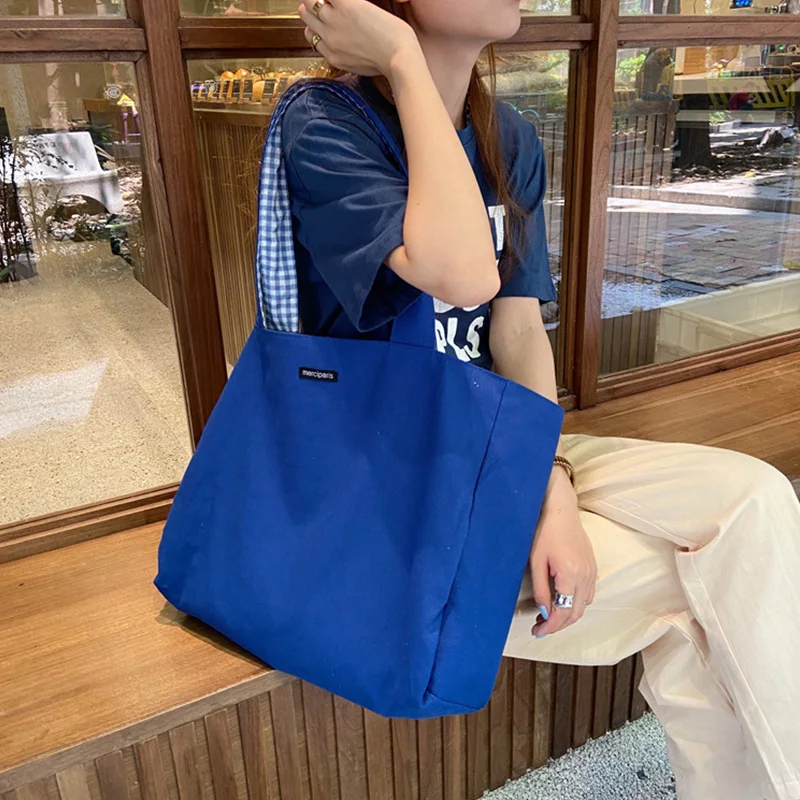 Canvas Bags for Women Shoulder Totes Bag 2023 Designer Handbags Girls Casual Solid Plaid Shopper Large Capacity Double Side Bags