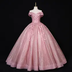 Vestido rosa De lujo con lentejuelas para quinceañera, vestido clásico con hombros descubiertos para baile De graduación