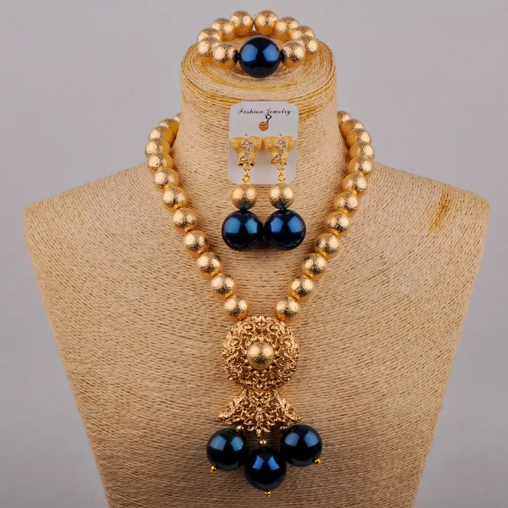 Ladies Wedding Jewelry Nigeria Wedding Beads Royal Blue Glass Pearl Wedding Dress Accessories African Wedding Jewelry Set SH-50