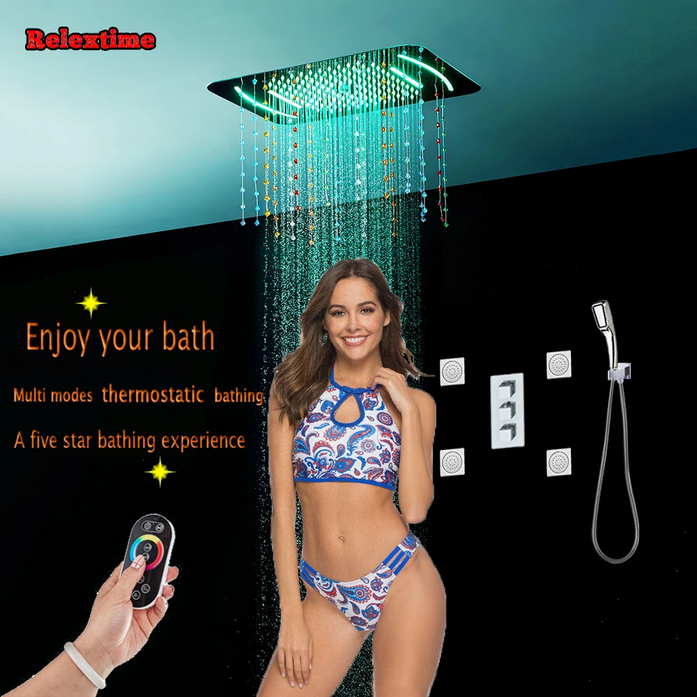 

Crystal quartz LED Ceiling Shower Head Rain Waterfall Bathroom Corner Thermostatic Shower Set Concealed Faucet Mixer massage Jet