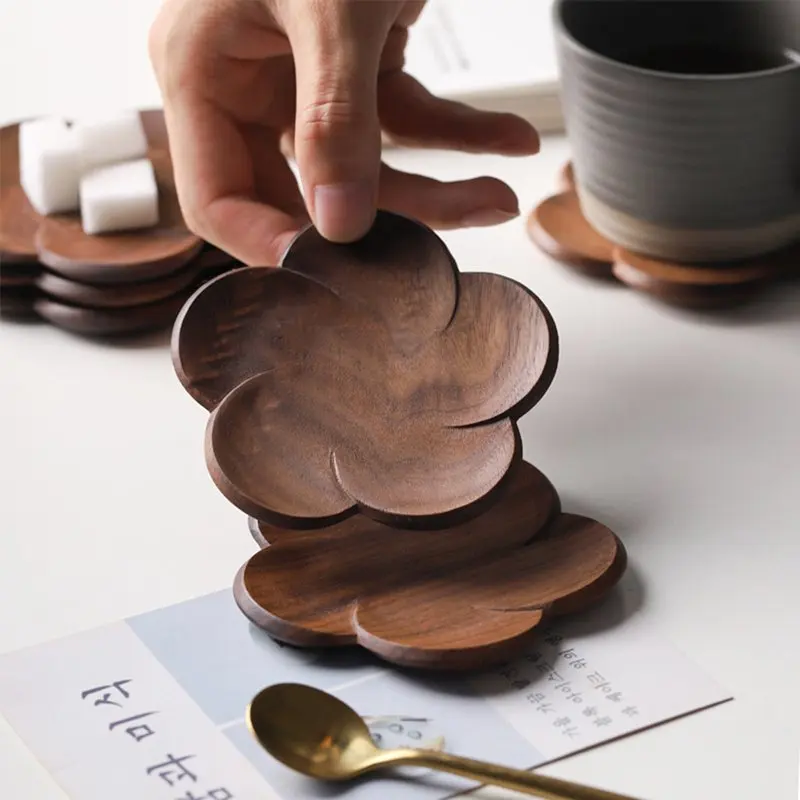 Solid Wood Coaster Cup Mat Flower Petal Heat Resistant Drink Mat Natural Peach Wood Kungfu Tea Cup Pad Non-slip Insulation Mat