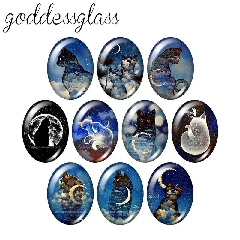 

New Moon style Cat Night sky 10pcs mixed 13x18mm/18x25mm/30x40mm Oval photo glass cabochon demo flat back Making findings