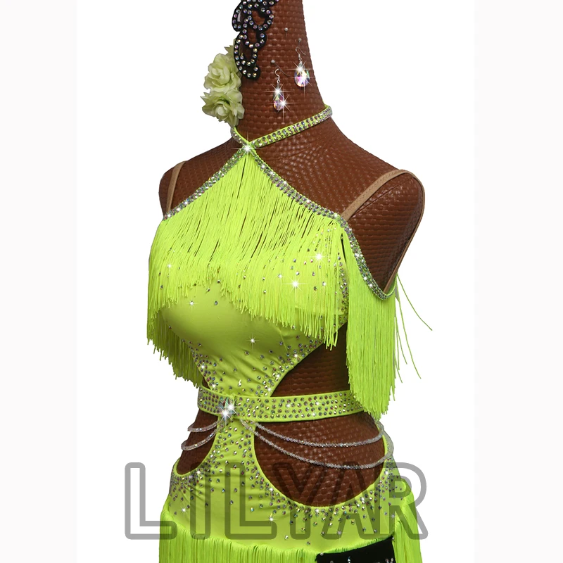 New Latin Dance Performance Dress Adult Custom Fluorescent Green Tassels Open Waist Sexy Design Dance Dress