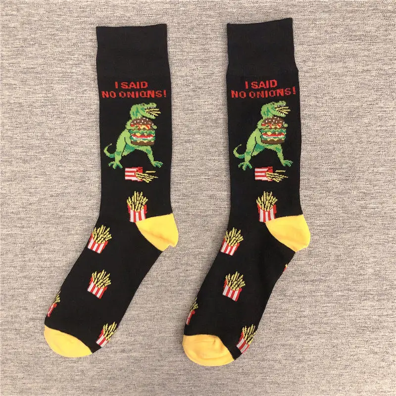 Happy Funny Adult Mid Calf Crew Socks Sport Tyrannosaurus Rex Dinosaur Fire Jurassic Period Park French Fries Play Basketball