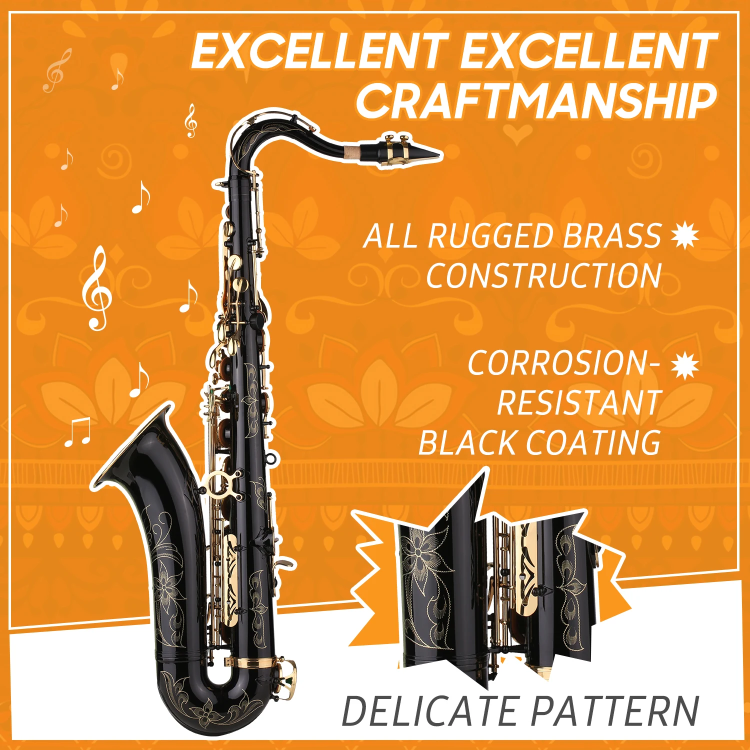 

B-flat Tenor Saxophone Bb Black Lacquer Sax with Instrument Case Mouthpiece Reed Neck Strap Cleaning Cloth Brush for Beginners