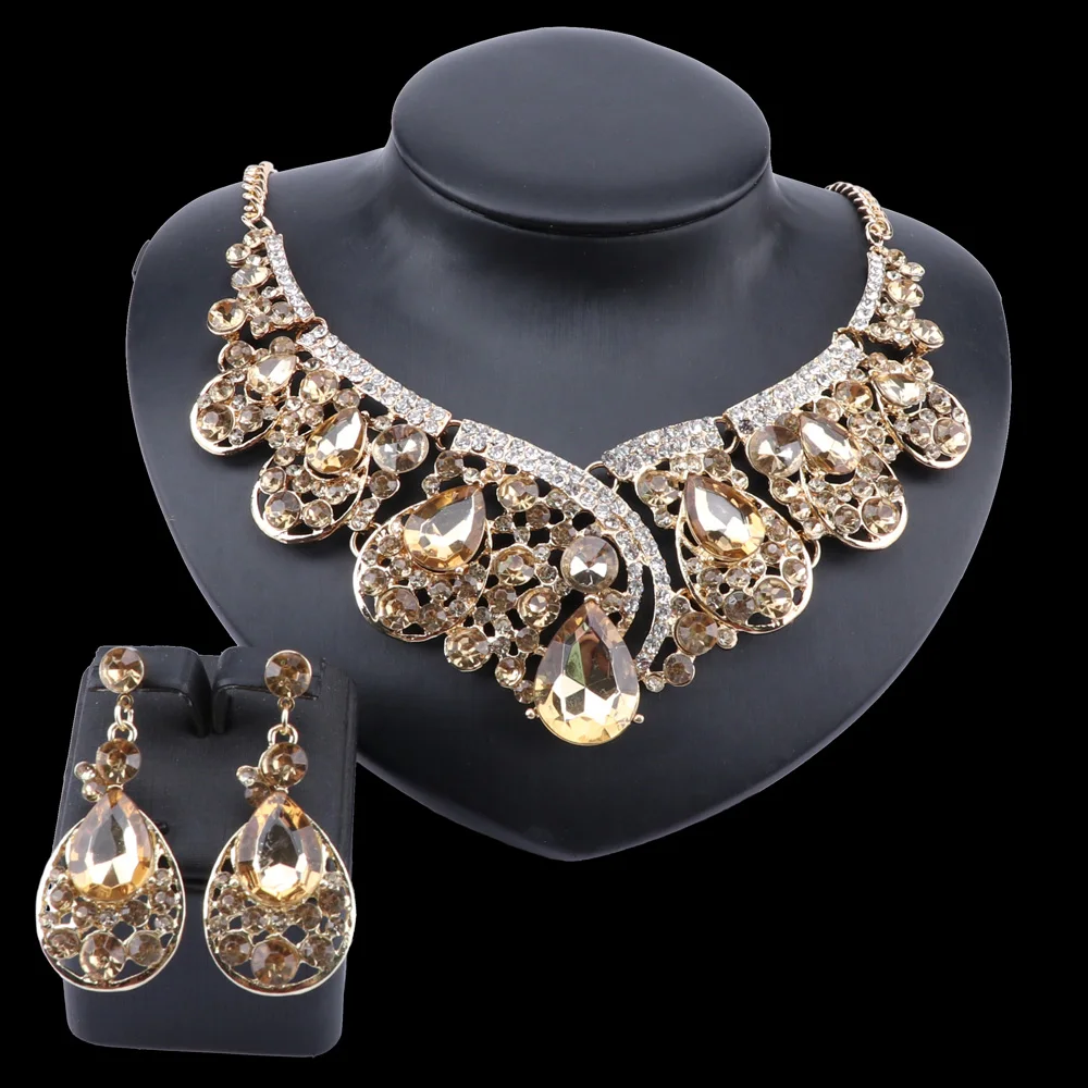 Charming Champagne Crystal Jewelry Sets For Women African Dubai Pendant Necklace Earrings Bangle Rings Party Dress Accessories