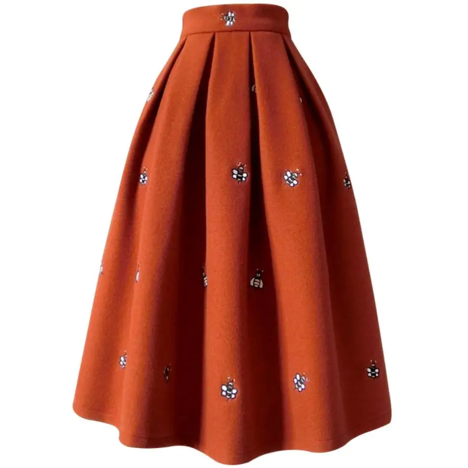 Autumn winter embroidered woolen skirt women high waist princess warm ball gown skirt