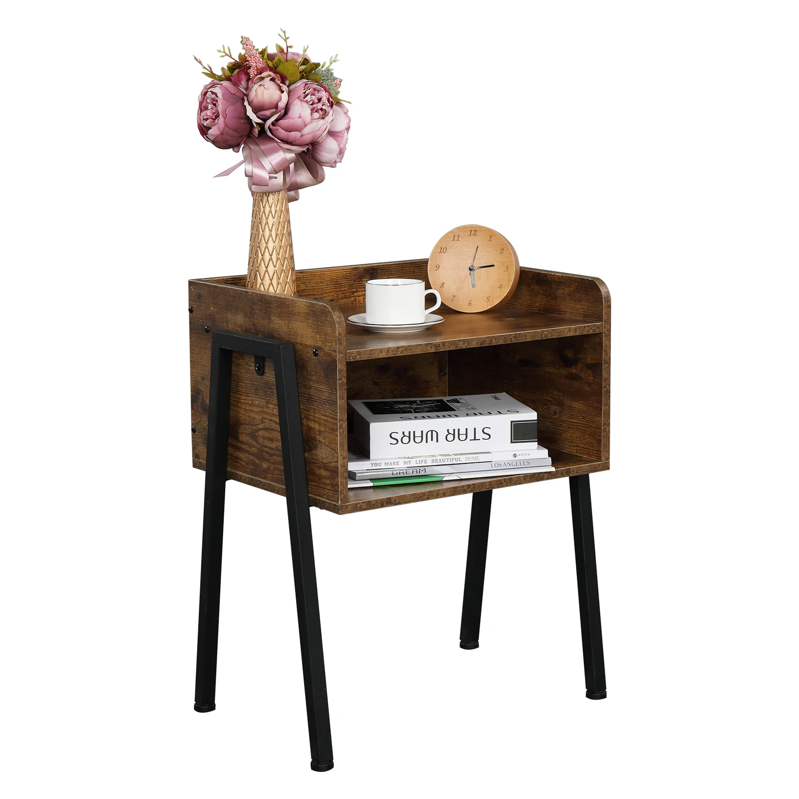 Nightstand Stackable Side End Table 42x35x52CM for Small Spaces Storage Compartment Frame Rustic Brown[US-Depot]