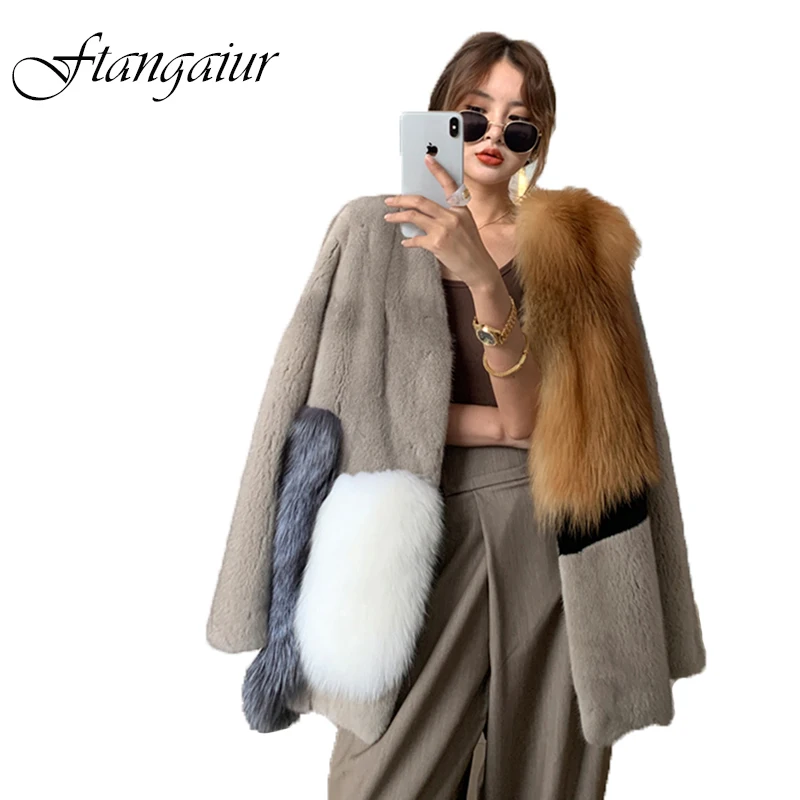 Ftangaiur Winter Imported Velvet Mink Fur Coat V-Neck Patchwork With Fox Fur Coat Women Short Natural Real Mink Fur Coats