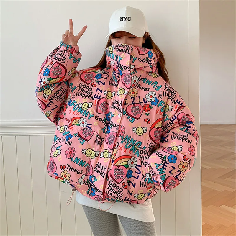 Cartoon Print Down Jackets Women Fashion Hooded Short Parka Thick Warm Winter Jacket Korean Loose Casual Cotton Coat Female