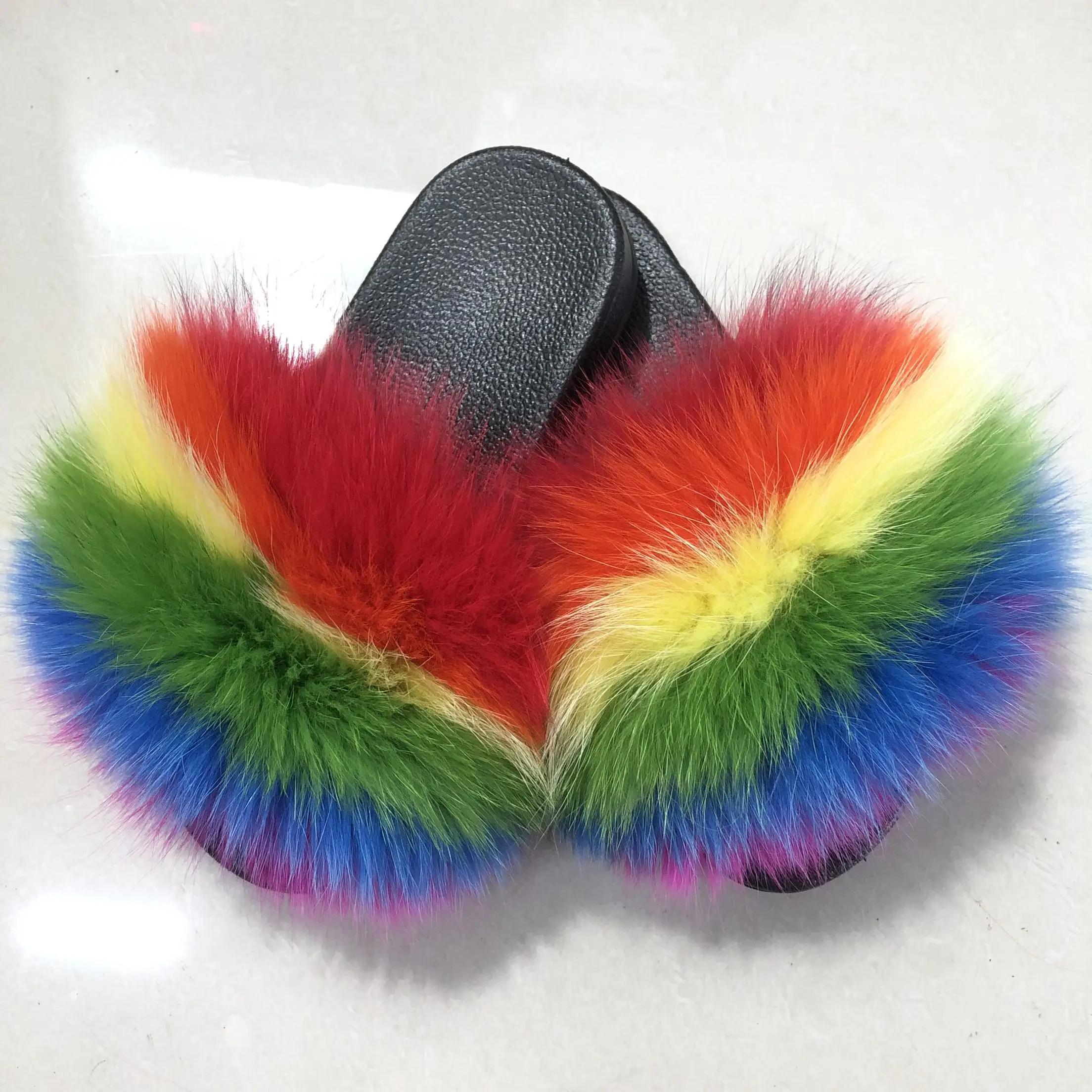 Wholesale 100% Real Fox Slippers Kids Winter Fur Child Home Slides Girls sliders Raccoon Fluffy Chinelo Flats Beach Summer