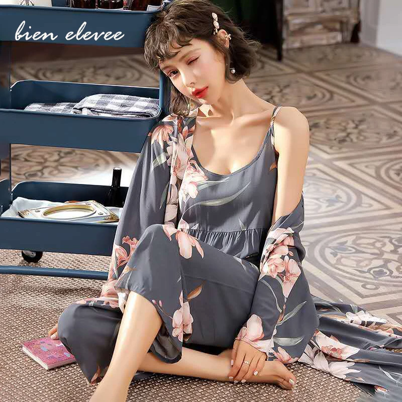 Women's Pajamas Sets Sexy Sleepwear Floral Printed Robe Set Spring Autumn Homewear 3pieces Nightwear Suits Loungewear Pyjamas