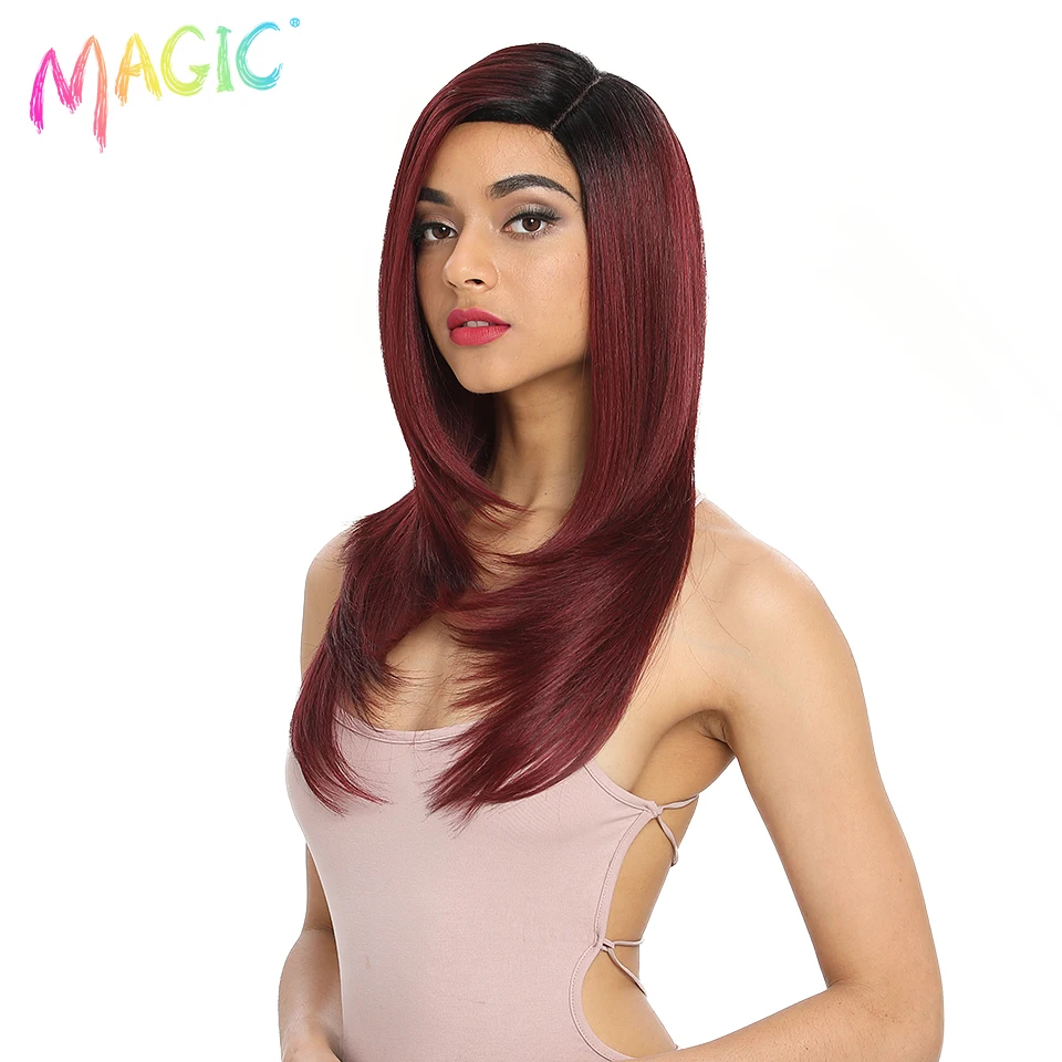 Magic Synthetic Lace Wig 24 Inch Side Part Long Straight Wig Nature Wave Ombre Black Red Cosplay Wig For Black Women