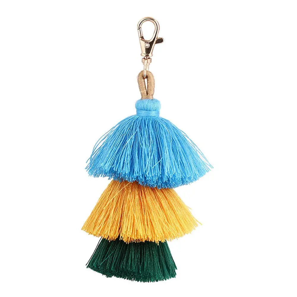 1 Stuks Bohemian Etnische Stijl Handgemaakte Vrouwen Kleurrijke Pom Kwastje Tas Hanger Drie Lagen Kwast Handtas Accessoires Charm Sleutelhanger