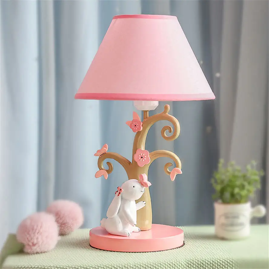 

ins cute rabbit sweet style fabric resin table lamp pink girl bedroom deco children bedside lamps led desk stand light fixtures