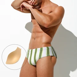 Sexy Swimwear Mens Striped Swimsuit Quick Dry Bikini Swimming Briefs Low Waist Push Up Pad Panties Sport Beach Surf Bathing Suit