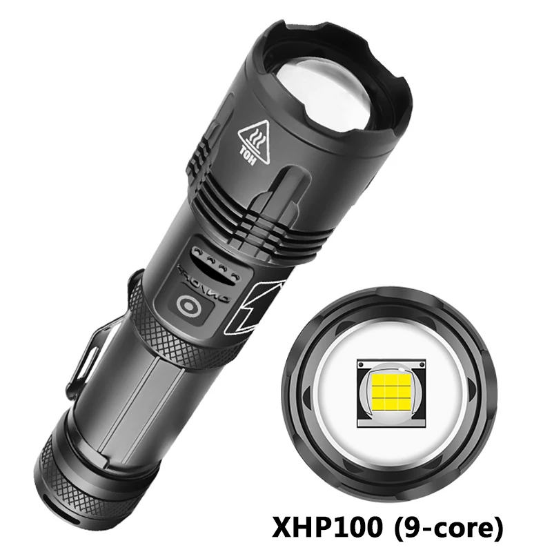 Linterna Led de 9 núcleos XHP100, superbrillante, recargable por Usb, batería de 18650 o 26650 con zoom, función de Banco de energía