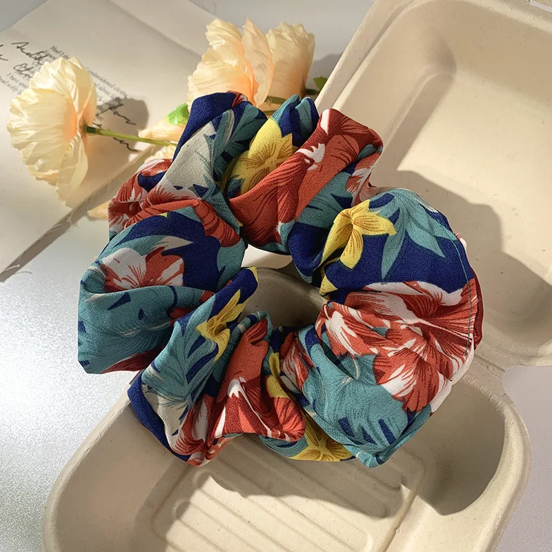 Spring Summer Big Leaf Flower Print Elastic Hair Rope Holiday Hair Band Ponytail Holder Vintage Hair Scrunchies Thick Hair Gum