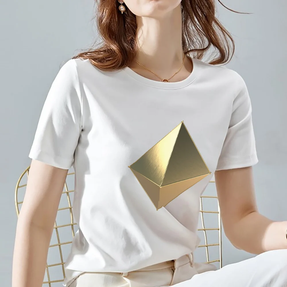 Street Fashion Women's T-shirt Retro Gold Diamond 3D Pattern Printing White T-shirt Top Round Neck Youth Commuter All-match Top