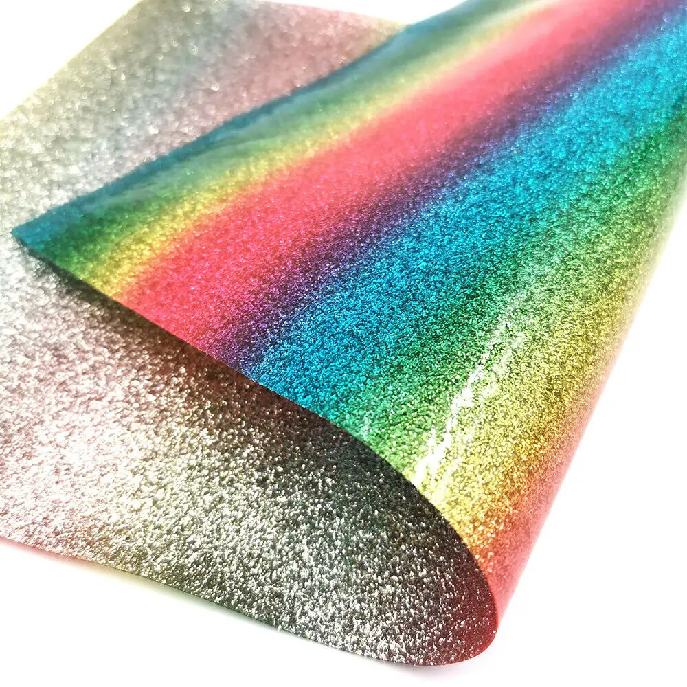 Shiny Rainbow Stripes Printed Fine Glitter Fabric Sparkle Faux Leather Vinyl Craft Sewing Material Making DIY Handmade Bow