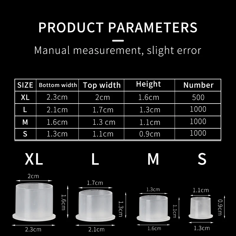 Plástico Tattoo Ink Cup, Pigmento Clear Holder, tampa do recipiente com fundo, agulha ponta Grip Supply, S, M, L, XL, 500 Pcs, 1000Pcs