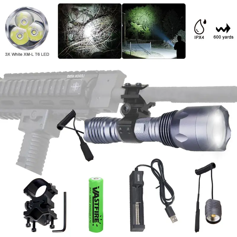 

2000 Lumen Tactical Flashlight USB Rechargeable Torch with Flashlight Mount Clip Remote Switch Outdoor Hunting Weapon Light