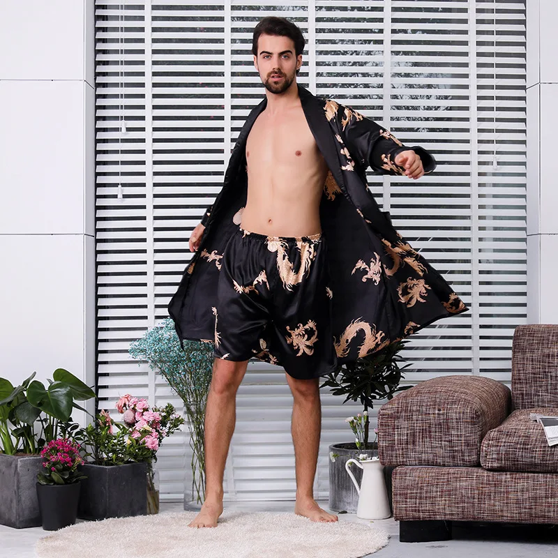 Black Two-piece Robe Suit Male Silk Dragon Dressing Gown Extra large 5XL Robe With Dragons Mens Satin Bathrobe Silk Kimono Men