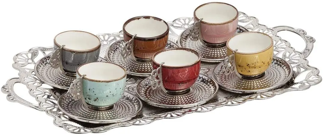 LaModaHome Espresso Coffee Cups with Saucers and Tray Set of 6, porcelain Turkish Arabic Greek Silver Coffee Cups and Saucers, C